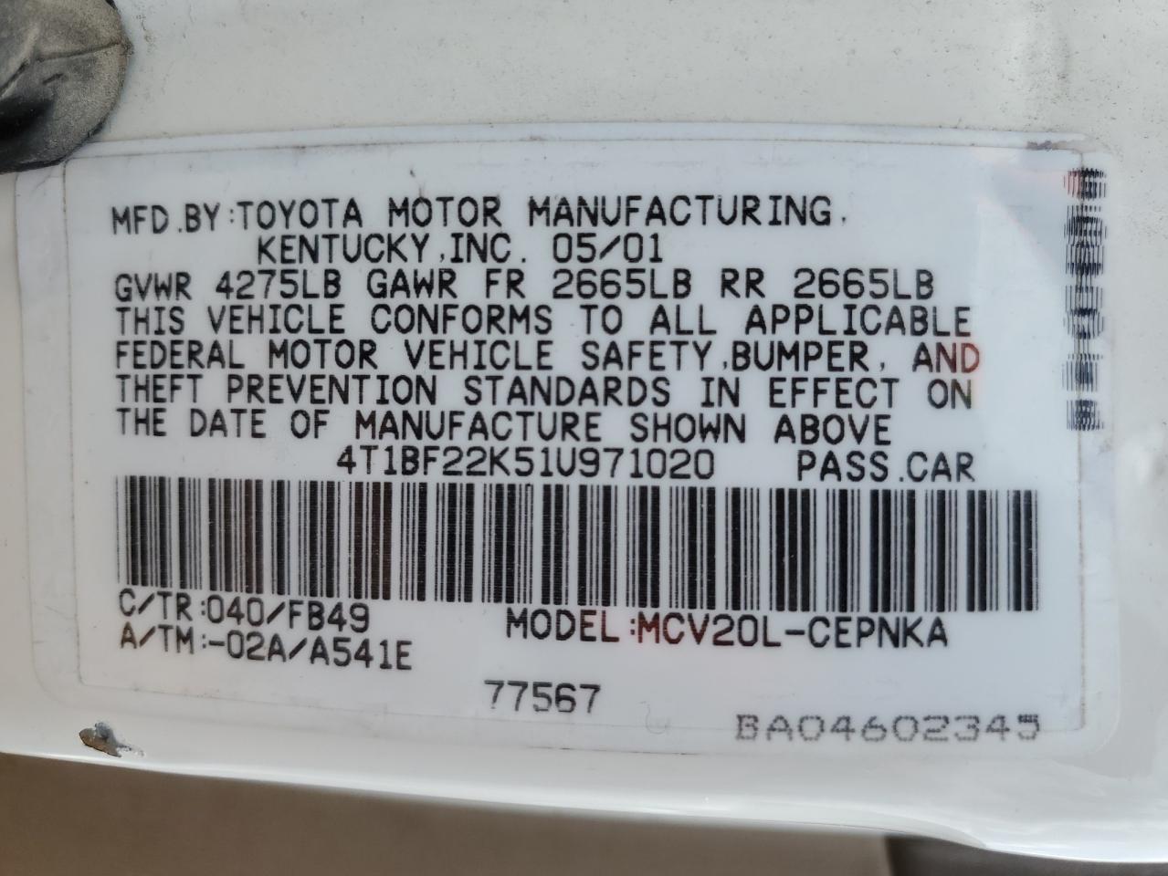 2001 Toyota Camry Le VIN: 4T1BF22K51U971020 Lot: 64526415