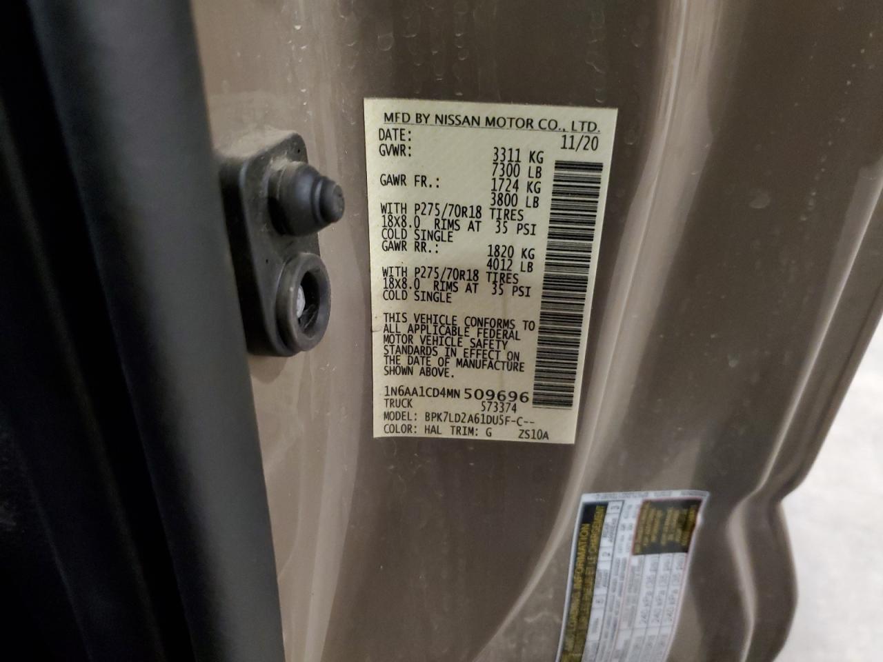 2021 Nissan Titan Sv VIN: 1N6AA1CD4MN509696 Lot: 65424655