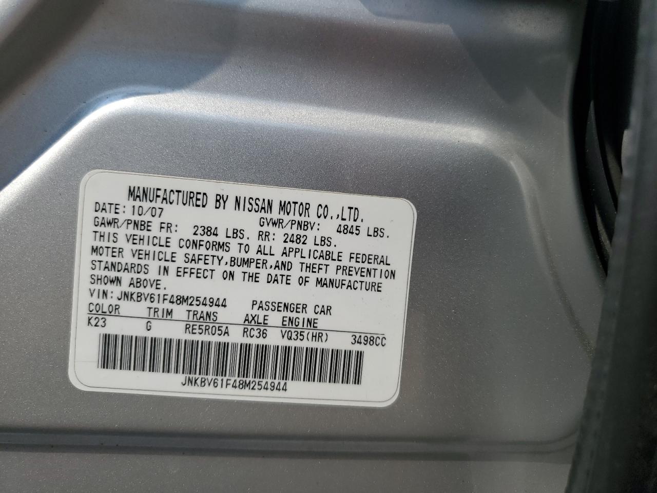 2008 Infiniti G35 VIN: JNKBV61F48M254944 Lot: 63683625