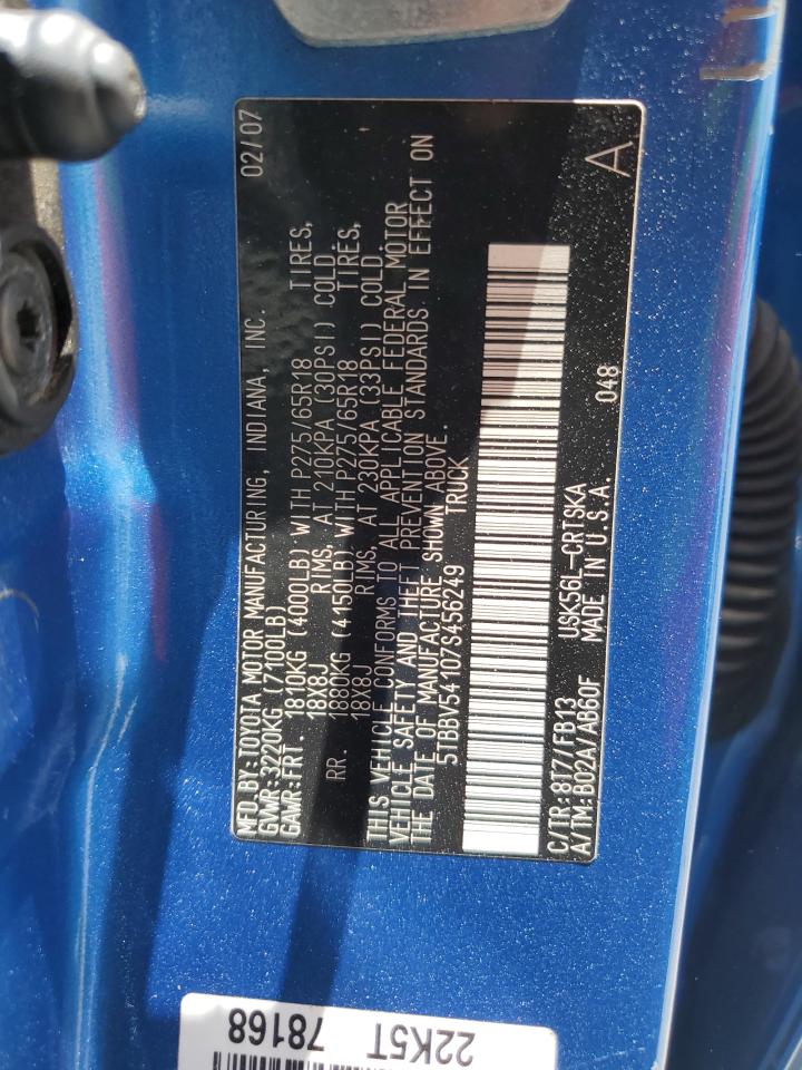 2007 Toyota Tundra Double Cab Sr5 VIN: 5TBBV54107S456249 Lot: 63306885