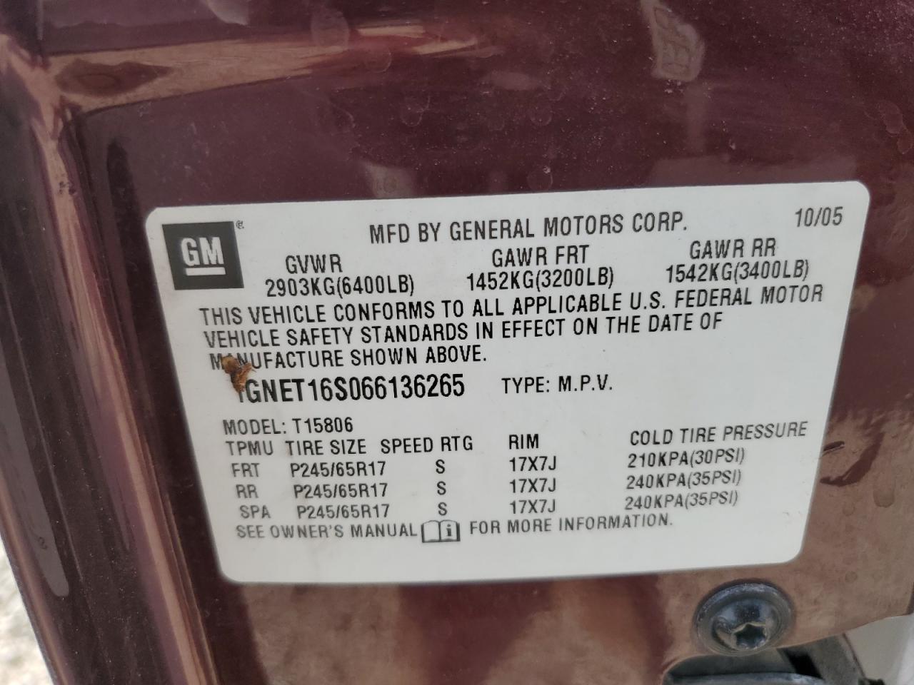 2006 Chevrolet Trailblazer Ext Ls VIN: 1GNET16S066136265 Lot: 65236085