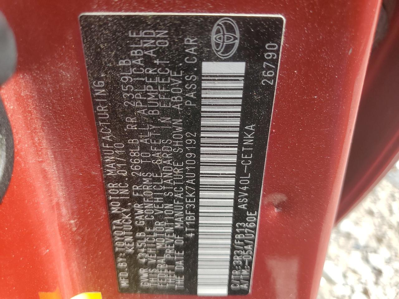 2010 Toyota Camry Base VIN: 4T1BF3EK7AU109192 Lot: 64218675