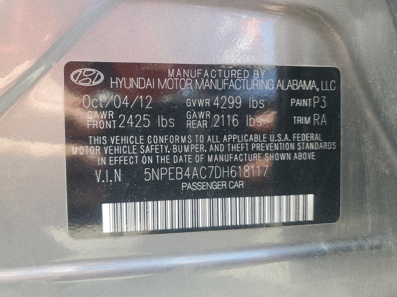 2013 Hyundai Sonata Gls VIN: 5NPEB4AC7DH618117 Lot: 65586525