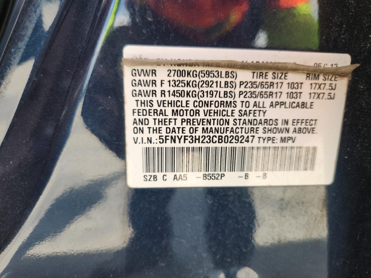 2012 Honda Pilot Lx VIN: 5FNYF3H23CB029247 Lot: 64478625