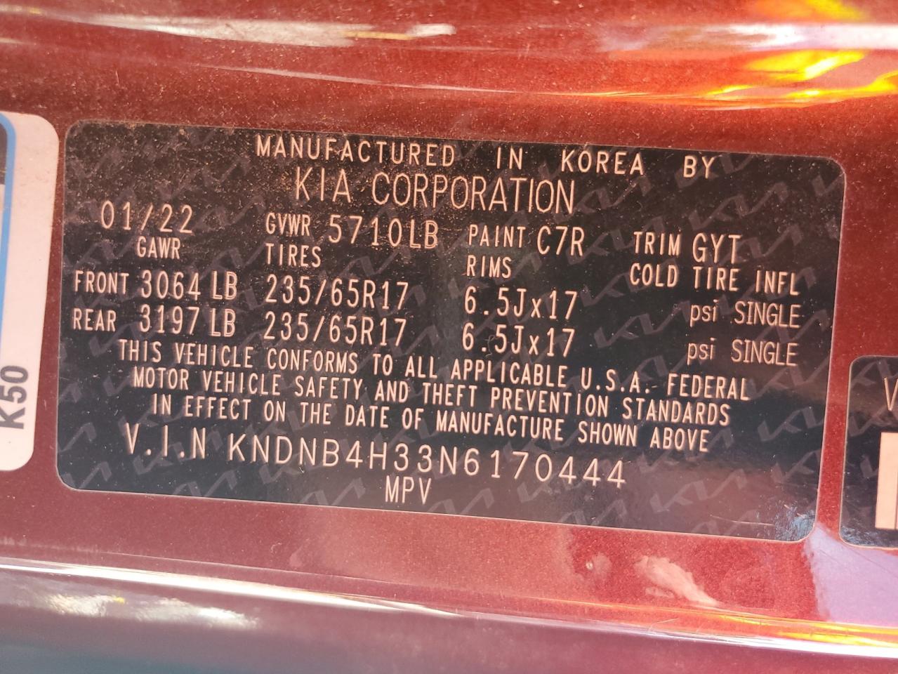 2022 Kia Carnival Lx VIN: KNDNB4H33N6170444 Lot: 65052475