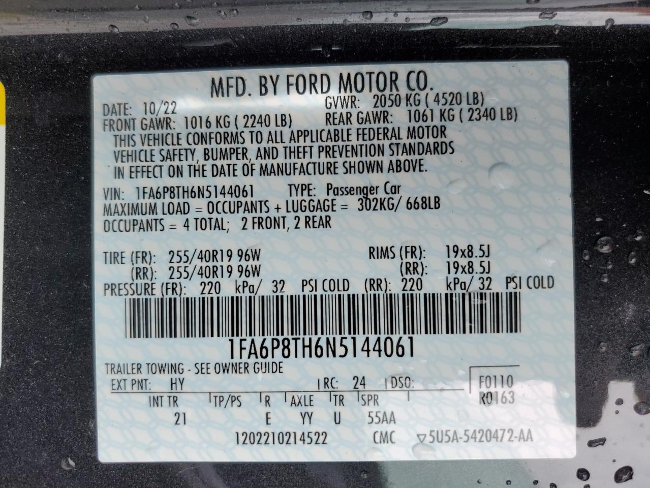 2022 Ford Mustang VIN: 1FA6P8TH6N5144061 Lot: 64724085