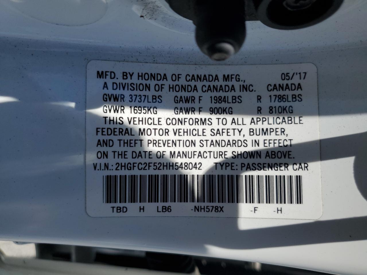 2017 Honda Civic Lx VIN: 2HGFC2F52HH548042 Lot: 64326635