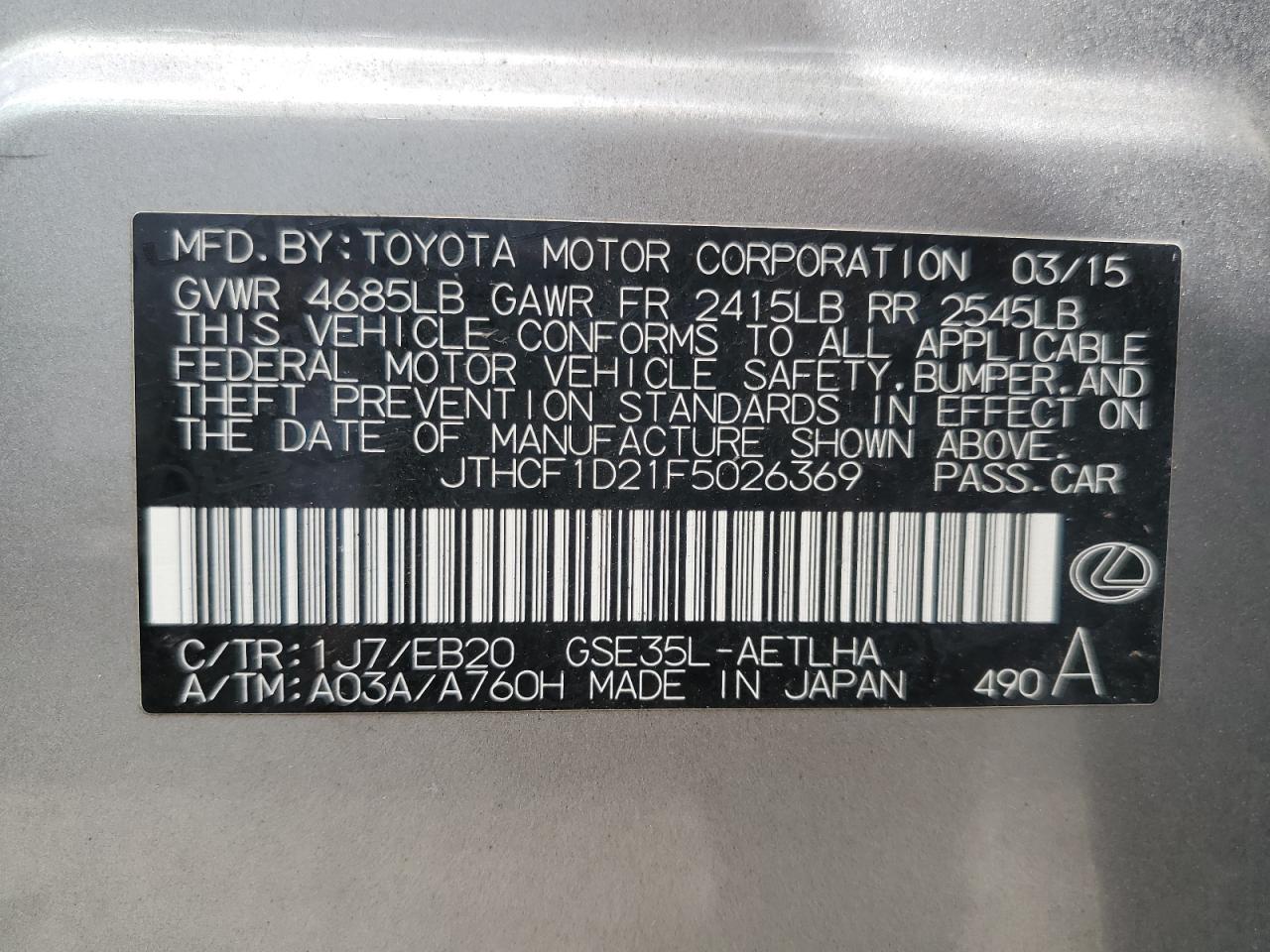 2015 Lexus Is 250 VIN: JTHCF1D21F5026369 Lot: 65225665
