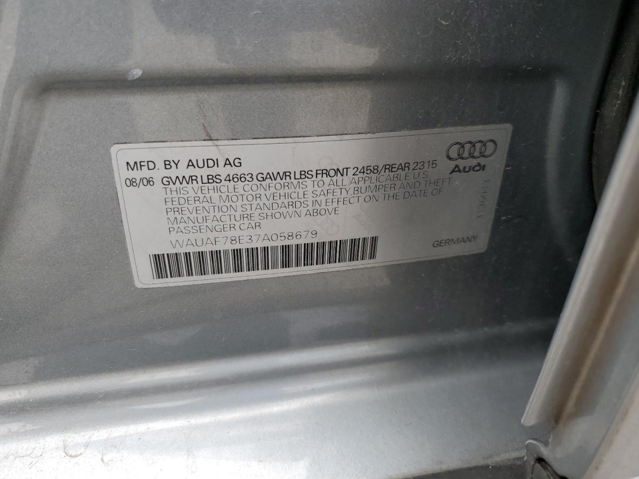 2007 Audi A4 2 VIN: WAUAF78E37A058679 Lot: 64434505