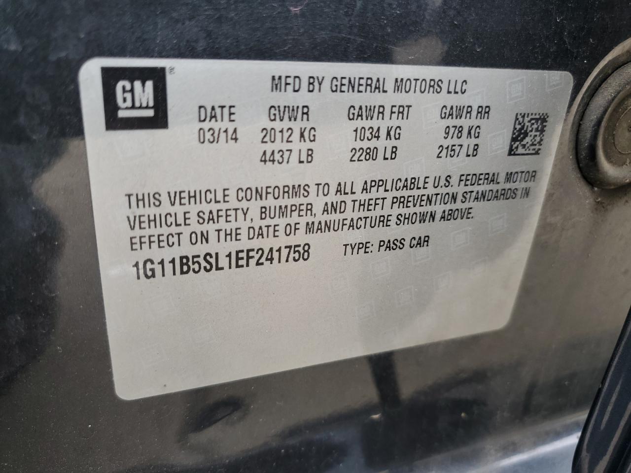 2014 Chevrolet Malibu Ls VIN: 1G11B5SL1EF241758 Lot: 65279105