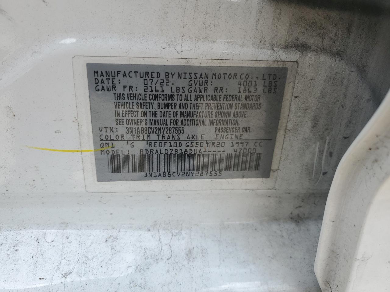 2022 Nissan Sentra Sv VIN: 3N1AB8CV2NY287555 Lot: 64900815