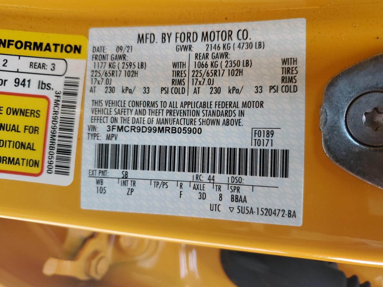 2021 Ford Bronco Sport Badlands VIN: 3FMCR9D99MRB05900 Lot: 63590005
