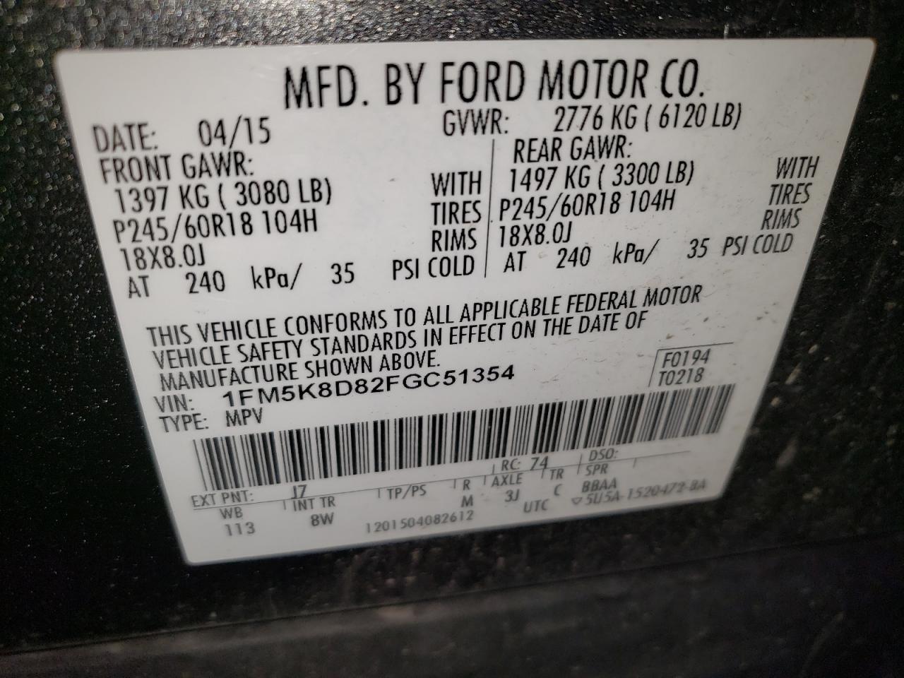2015 Ford Explorer Xlt VIN: 1FM5K8D82FGC51354 Lot: 65094465