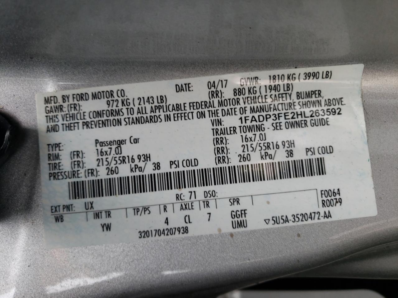 2017 Ford Focus Se VIN: 1FADP3FE2HL263592 Lot: 65259845