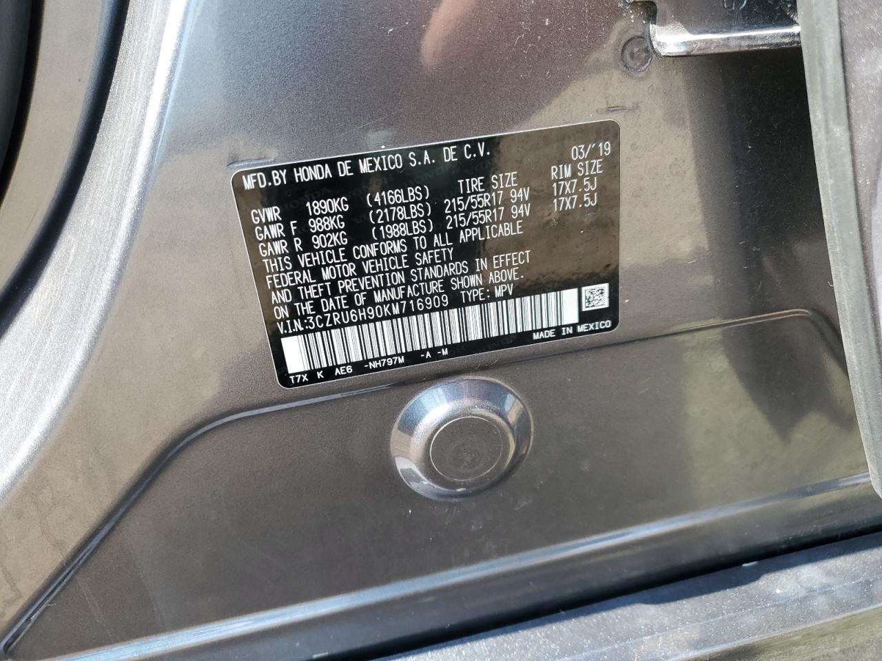 2019 Honda Hr-V Touring VIN: 3CZRU6H90KM716 Lot: 63243865