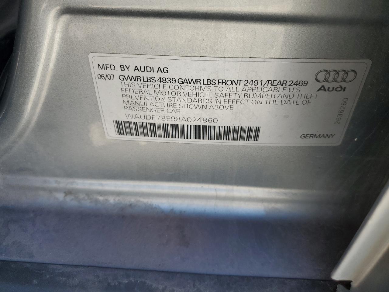 2008 Audi A4 2.0T Quattro VIN: WAUDF78E98A024860 Lot: 64444915