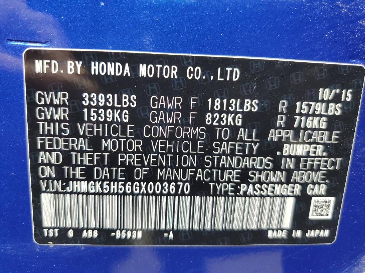 2016 Honda Fit Lx VIN: JHMGK5H56GX003670 Lot: 64521375