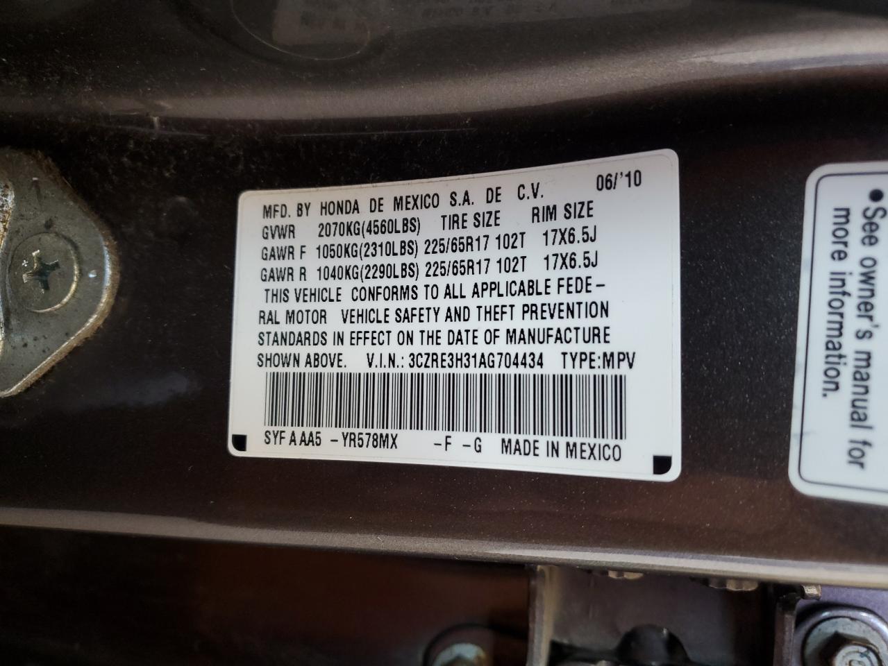 2010 Honda Cr-V Lx VIN: 3CZRE3H31AG704434 Lot: 65079775