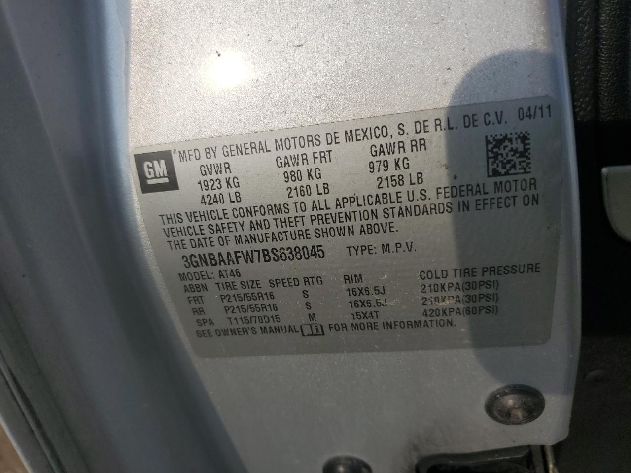 2011 Chevrolet Hhr Ls VIN: 3GNBAAFW7BS638045 Lot: 63963975