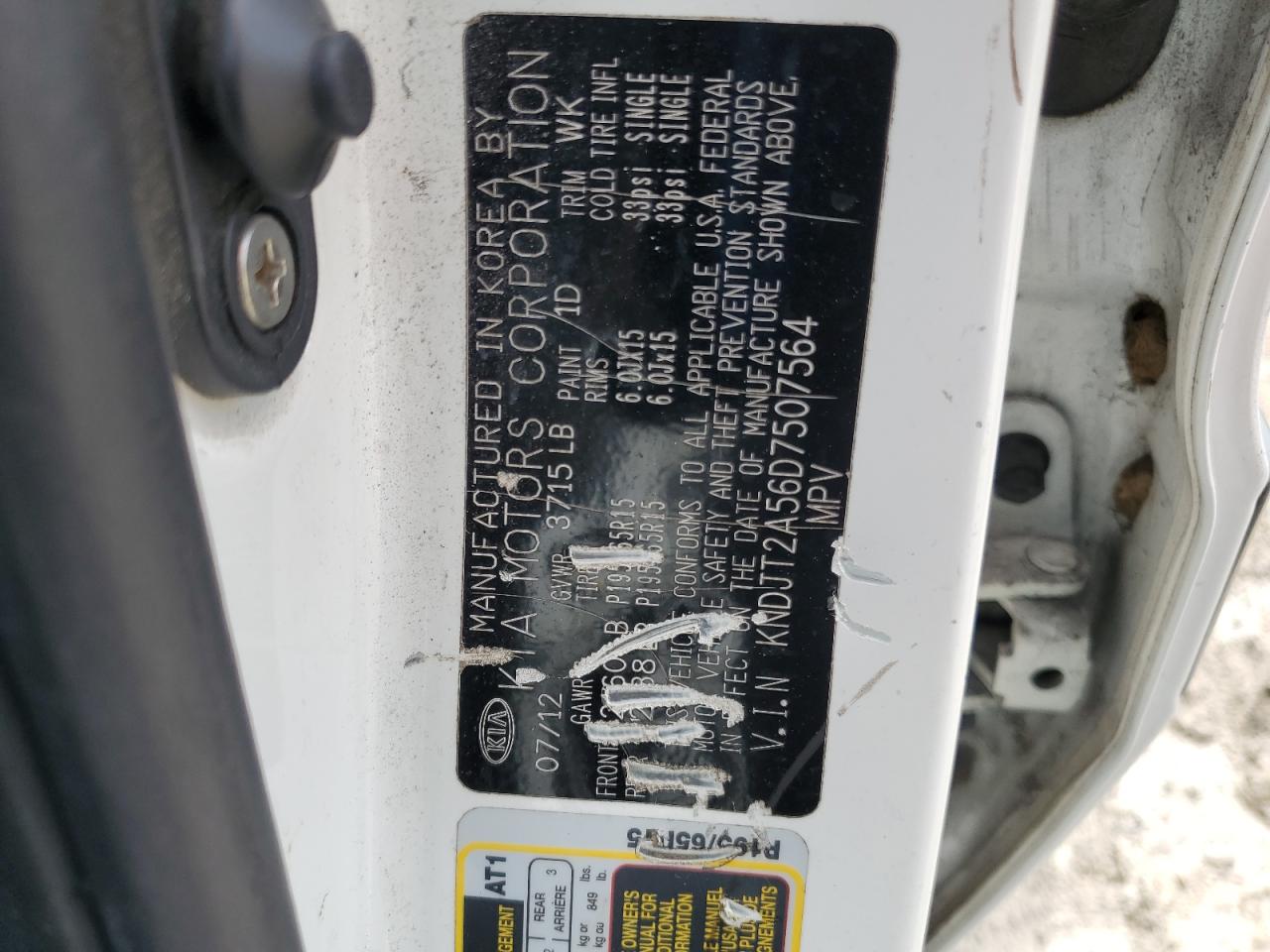 2013 Kia Soul VIN: KNDJT2A56D7507564 Lot: 62896285