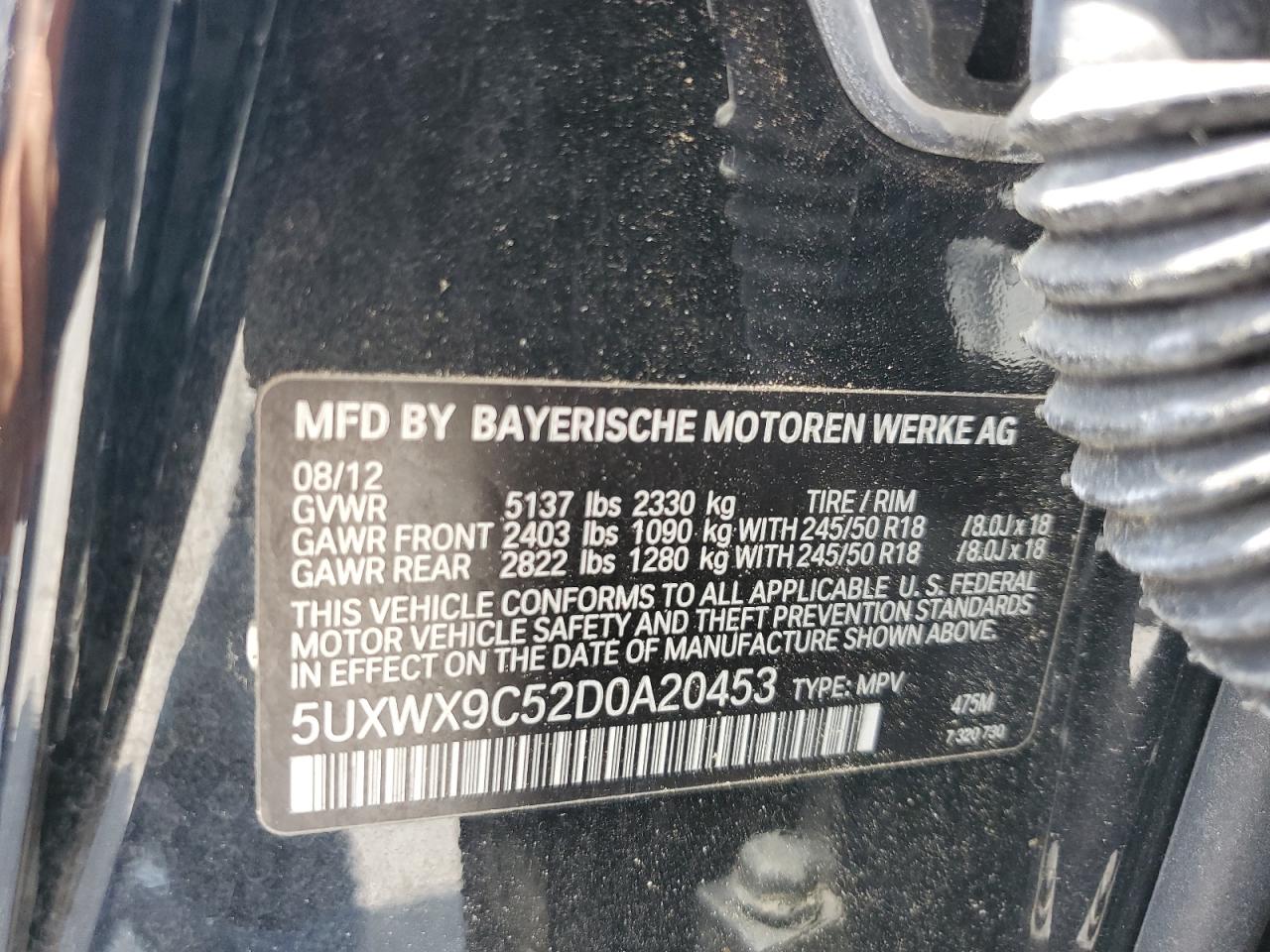 2013 BMW X3 xDrive28I VIN: 5UXWX9C52D0A20453 Lot: 64526825