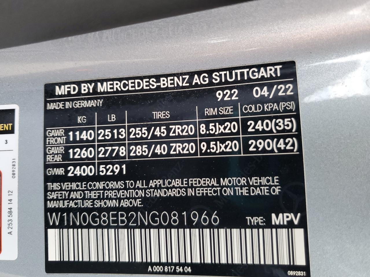 2022 Mercedes-Benz Glc 300 4Matic VIN: W1N0G8EB2NG081966 Lot: 64012925