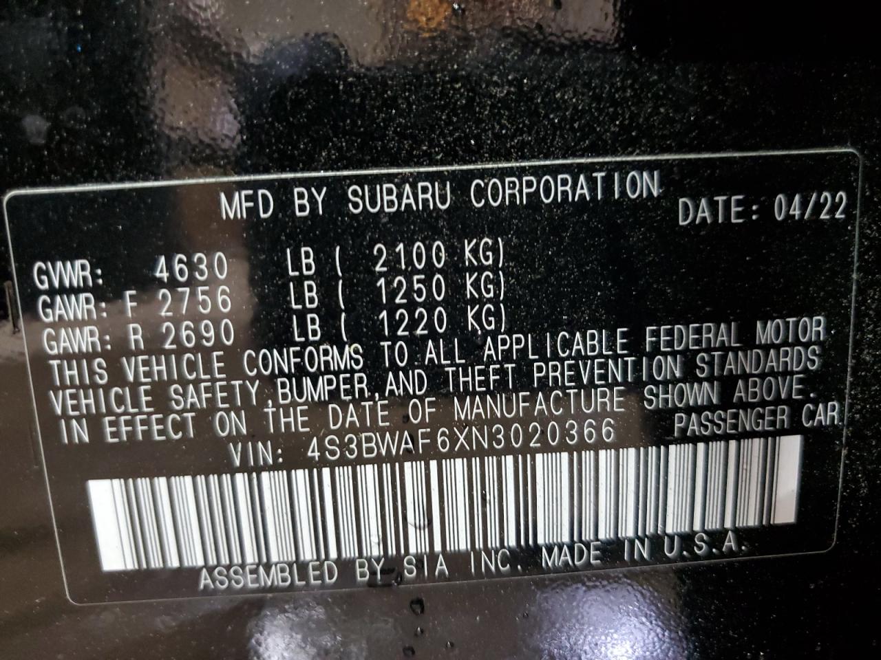 2022 Subaru Legacy Premium VIN: 4S3BWAF6XN3020366 Lot: 65745735