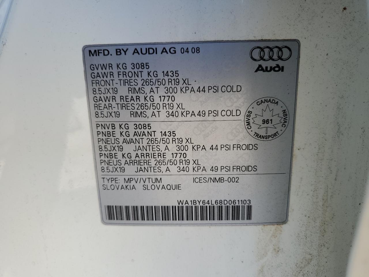 2008 Audi Q7 3.6 Quattro Premium VIN: WA1BY64L68D061103 Lot: 62726245