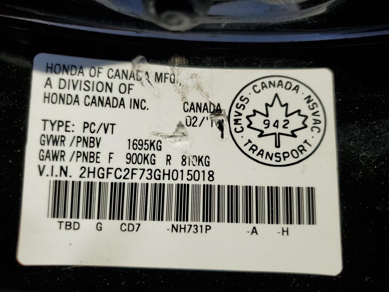 2016 Honda Civic Ex VIN: 2HGFC2F73GH015018 Lot: 63253305