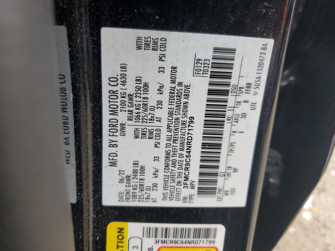 2022 Ford Bronco Sport Outer Banks VIN: 3FMCR9C64NRD71799 Lot: 63943645