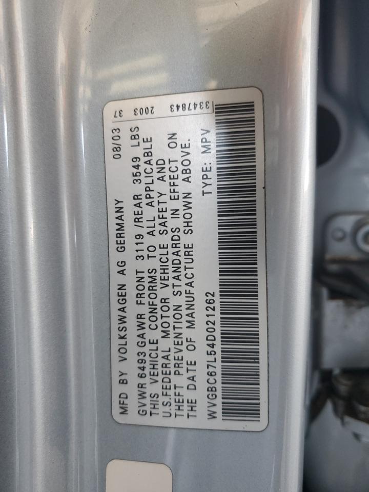 2004 Volkswagen Touareg 3.2 VIN: WVGBC67L54D021262 Lot: 64687405