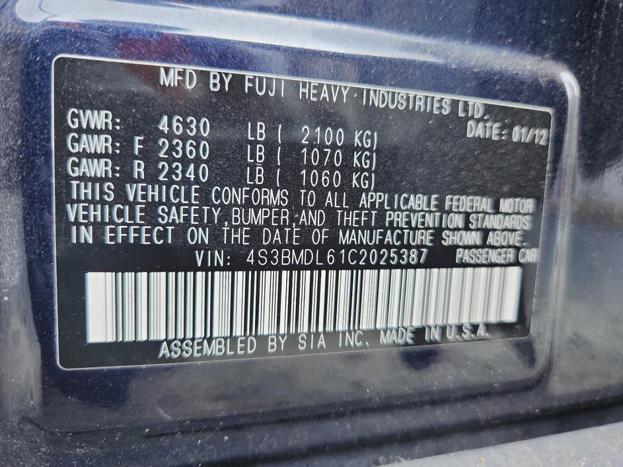 2012 Subaru Legacy 3.6R Limited VIN: 4S3BMDL61C2025387 Lot: 62928255