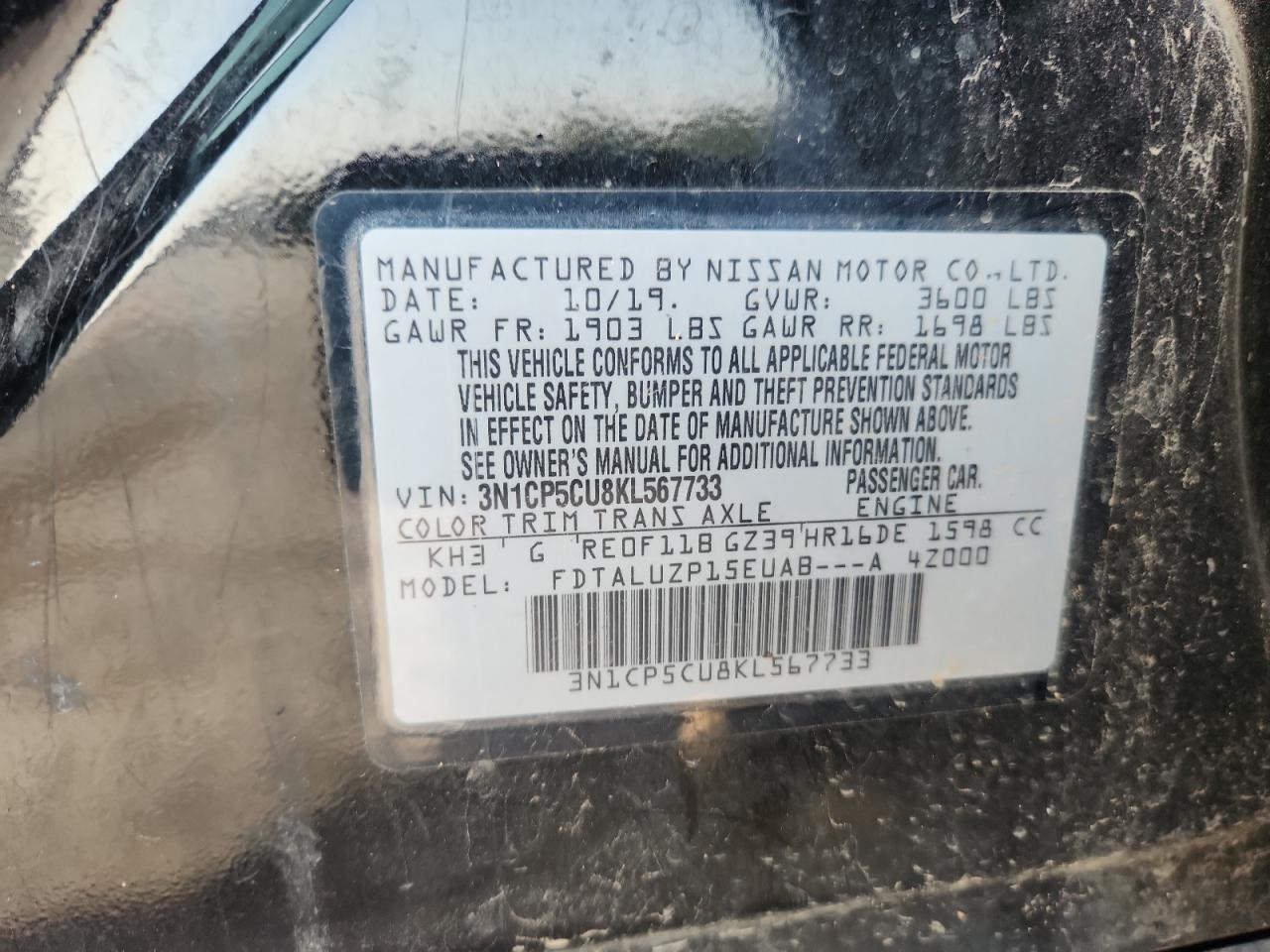 2019 Nissan Kicks S VIN: 3N1CP5CU8KL567733 Lot: 64225245