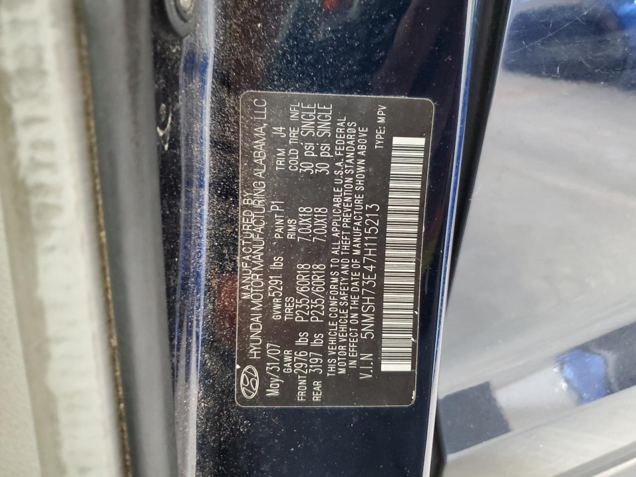 2007 Hyundai Santa Fe Se VIN: 5NMSH73E47H115213 Lot: 65768295