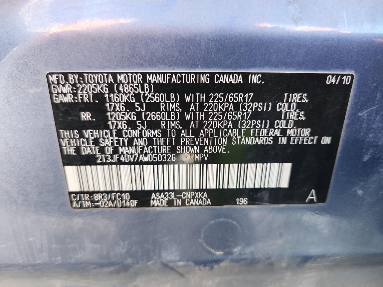 2010 Toyota Rav4 VIN: 2T3JF4DV7AW050326 Lot: 63699455