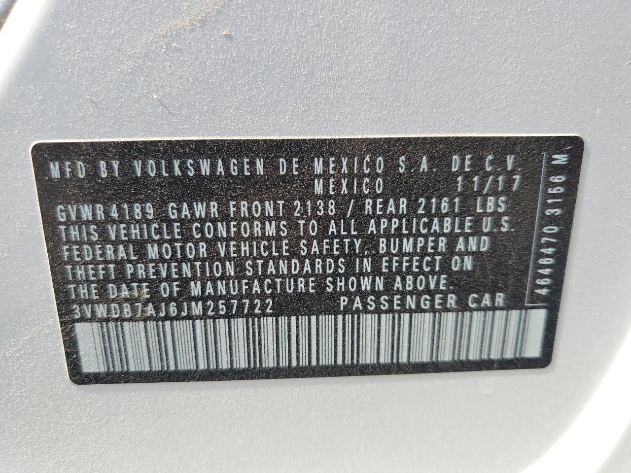 2018 Volkswagen Jetta Se VIN: 3VWDB7AJ6JM257722 Lot: 64842265
