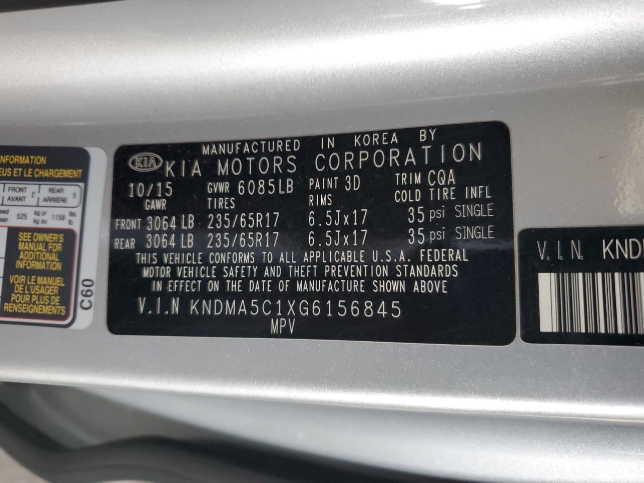 KNDMA5C1XG6156845 2016 Kia Sedona L