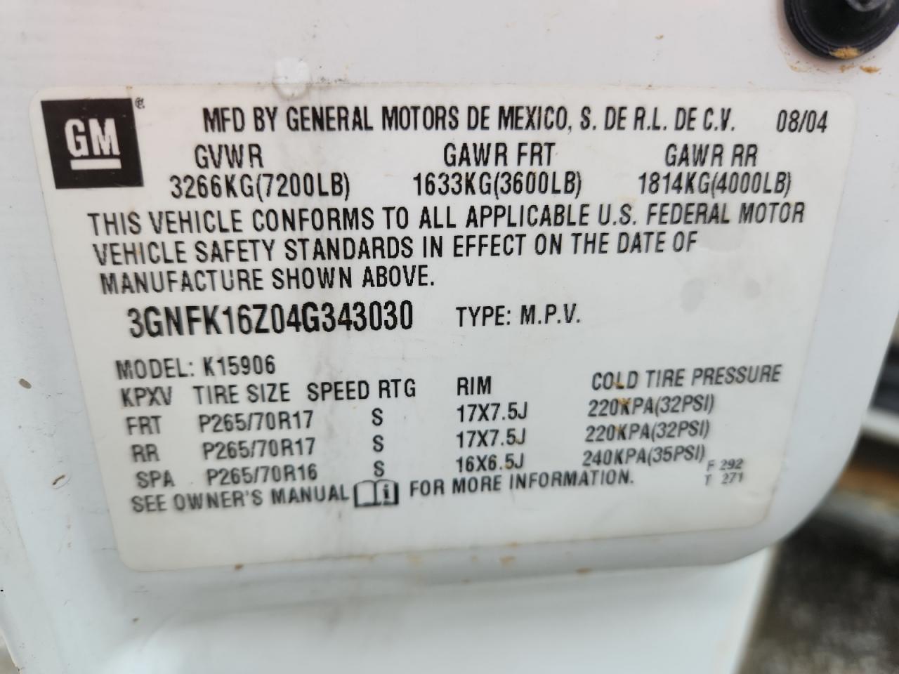 2004 Chevrolet Suburban K1500 VIN: 3GNFK16Z04G343030 Lot: 63795145