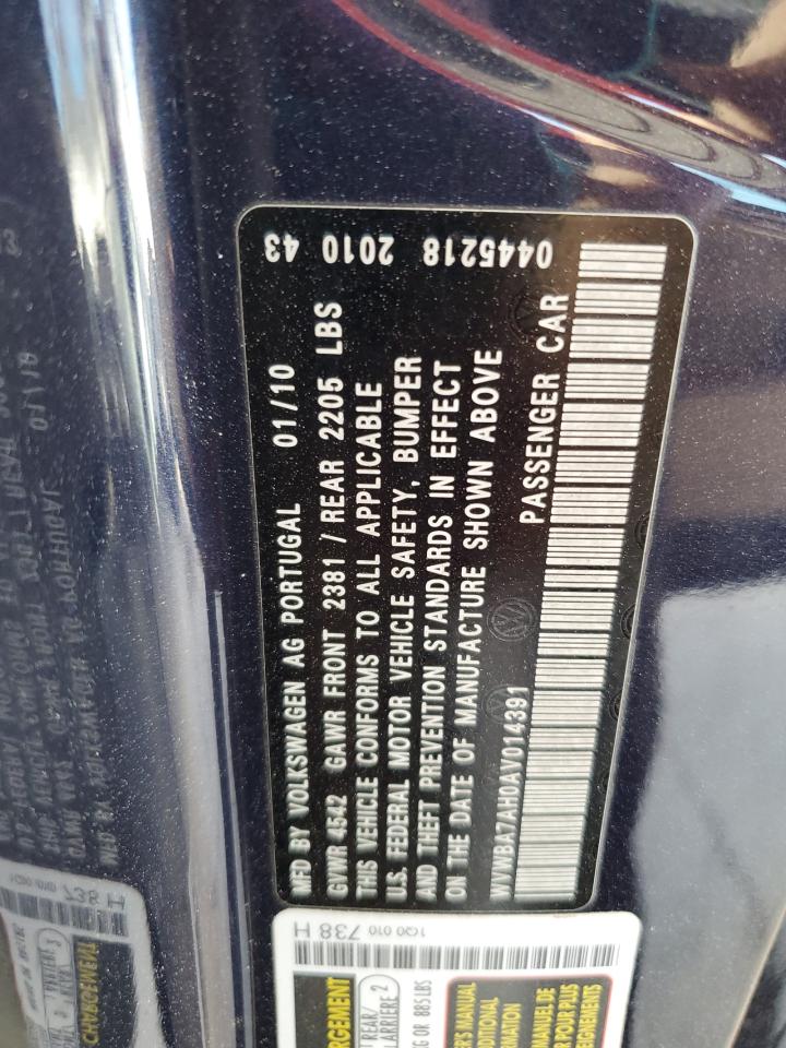 2010 Volkswagen Eos Turbo VIN: WVWBA7AH0AV014391 Lot: 64494275