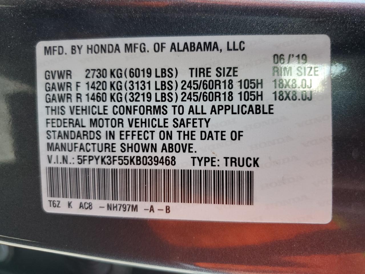 2019 Honda Ridgeline Rtl VIN: 5FPYK3F55KB039468 Lot: 65280365