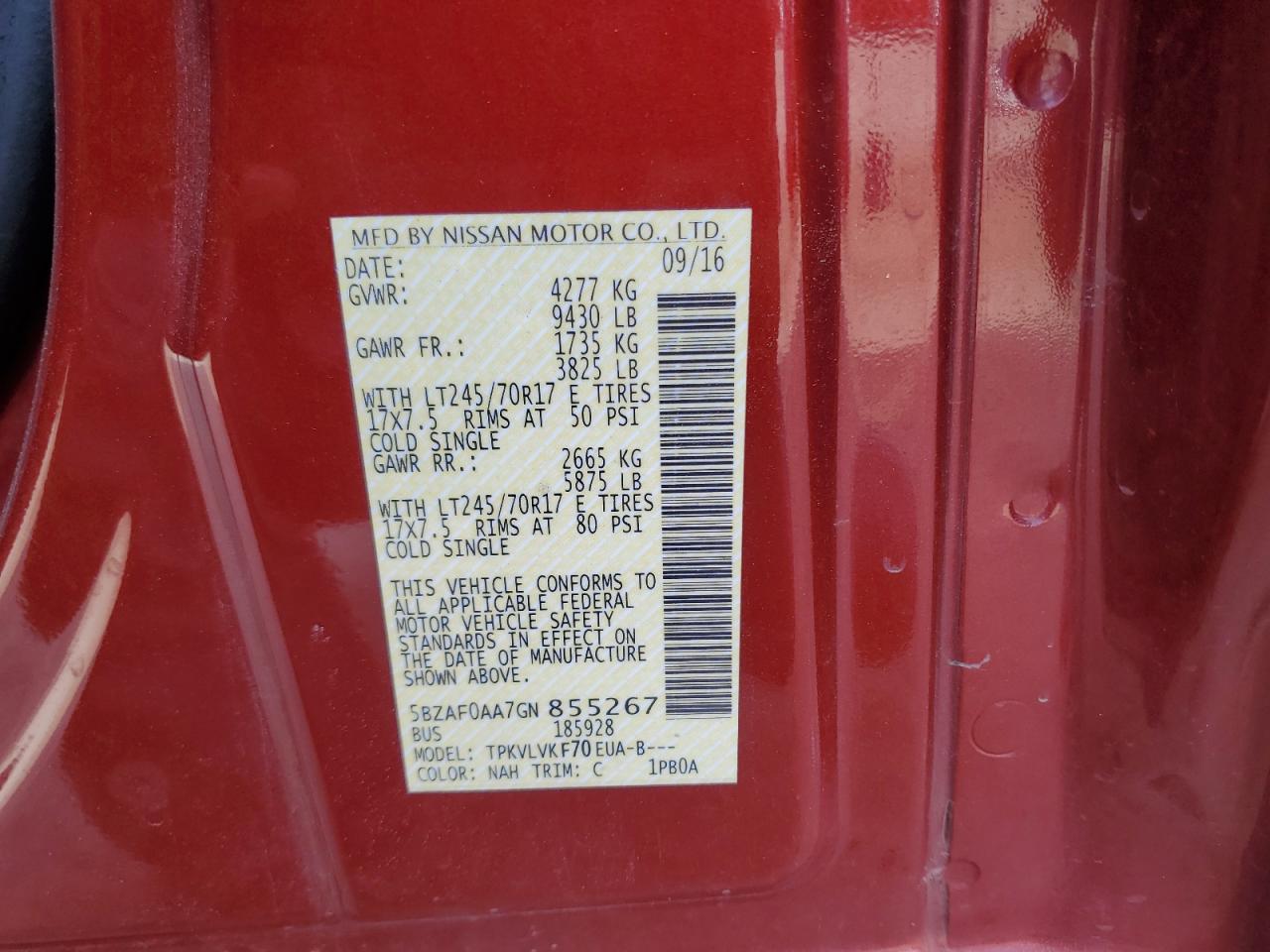 2016 Nissan Nv 3500 S VIN: 5BZAF0AA7GN855267 Lot: 61405105