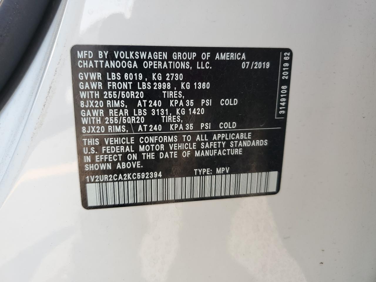 2019 Volkswagen Atlas Se VIN: 1V2UR2CA2KC592394 Lot: 64984765