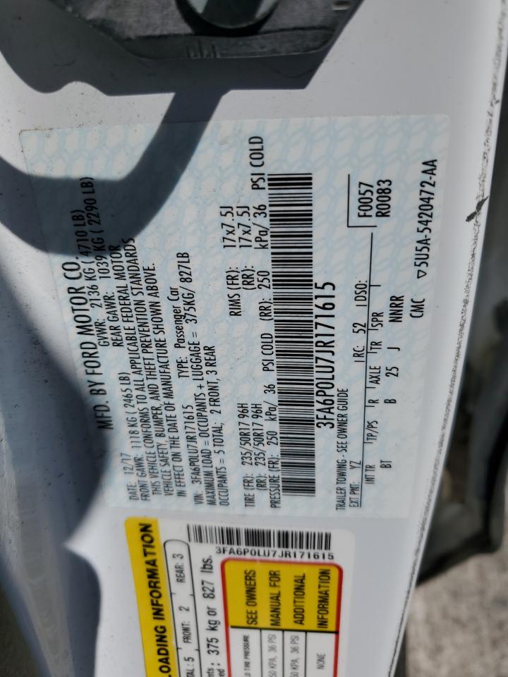 2018 Ford Fusion Se Hybrid VIN: 3FA6P0LU7JR171615 Lot: 66070855