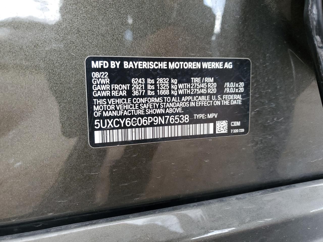 2023 BMW X6 xDrive40I VIN: 5UXCY6C06P9N76538 Lot: 64101195