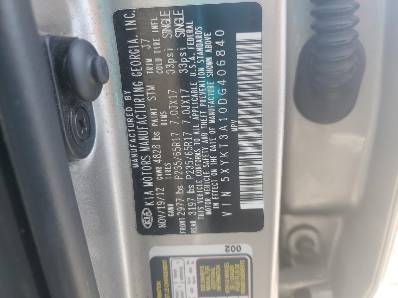 2013 Kia Sorento Lx VIN: 5XYKT3A10DG406840 Lot: 64745645