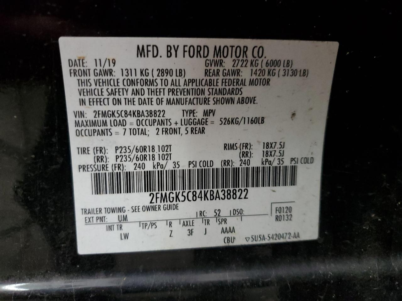 2019 Ford Flex Sel VIN: 2FMGK5C84KBA38822 Lot: 65709905