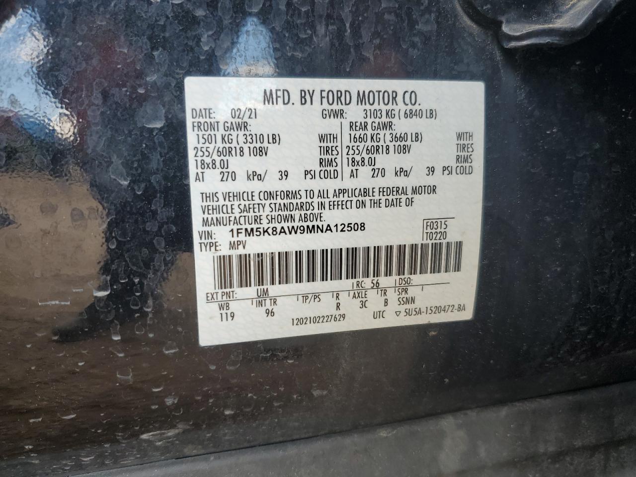 2021 Ford Explorer Police Interceptor VIN: 1FM5K8AW9MNA12508 Lot: 65001905