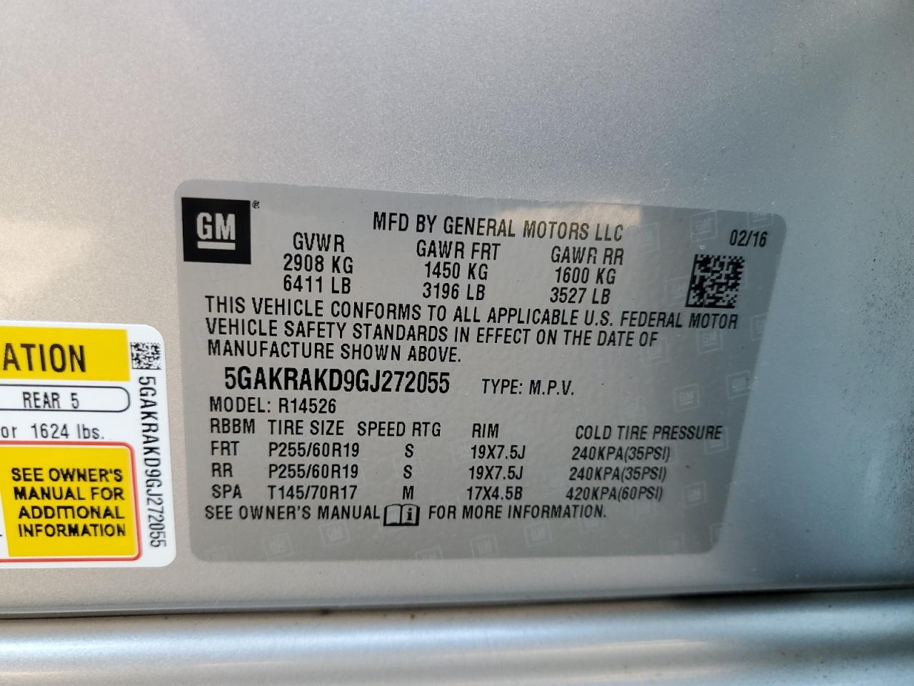 2016 Buick Enclave VIN: 5GAKRAKD9GJ272055 Lot: 64223675