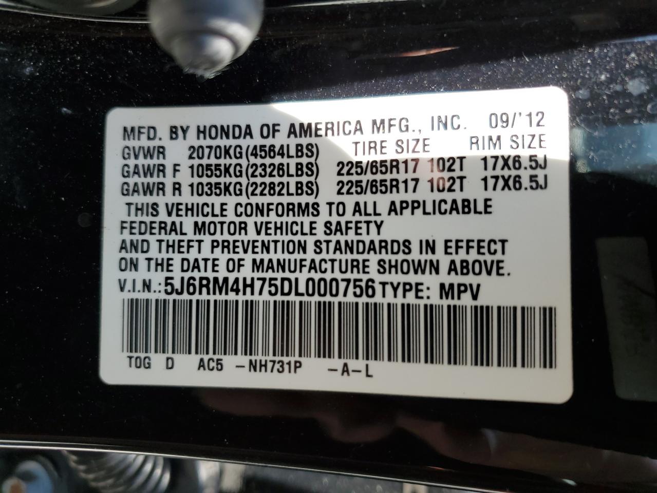 2013 Honda Cr-V Exl VIN: 5J6RM4H75DL000756 Lot: 65248955