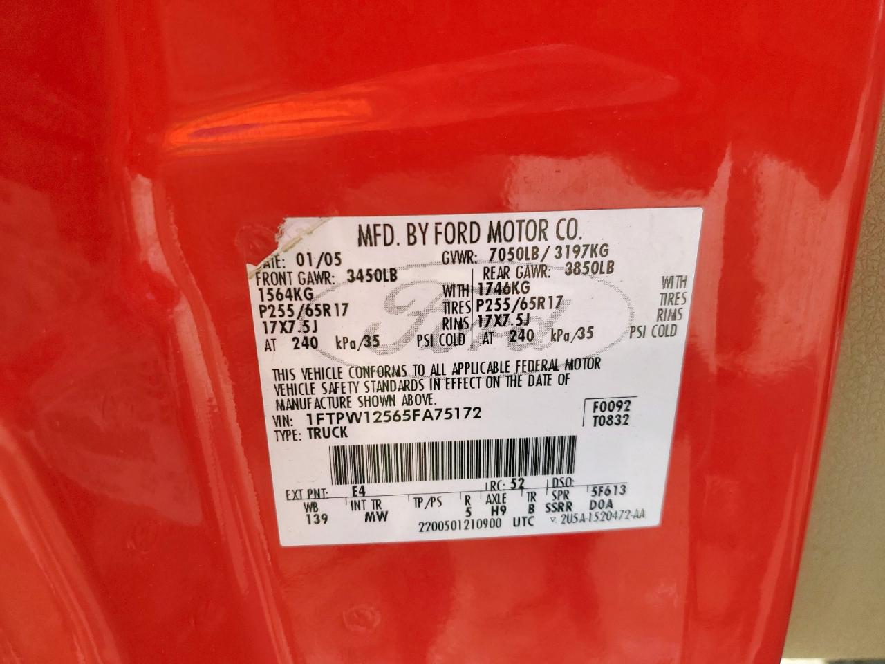 2005 Ford F150 Supercrew VIN: 1FTPW12565FA75172 Lot: 66667885